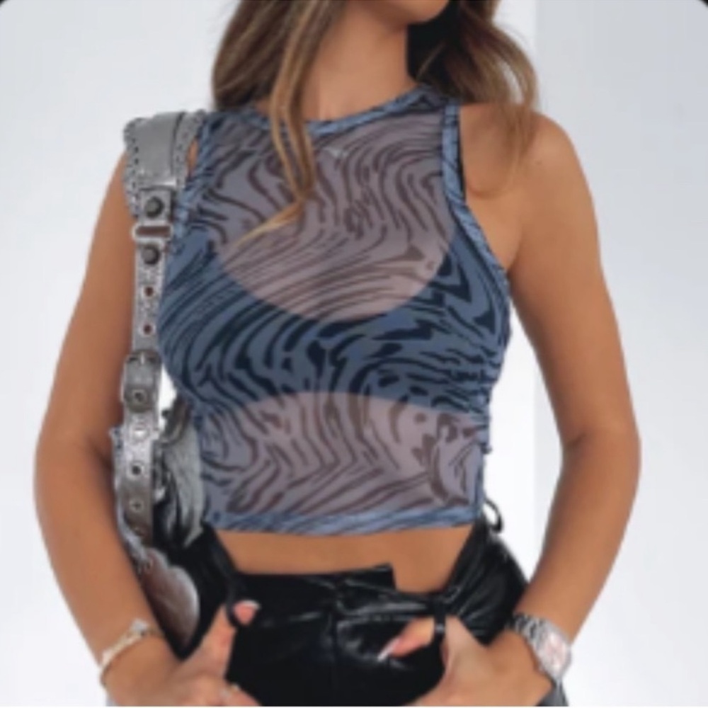 White Fox Boutique Blue Zebra Mesh Crop Top